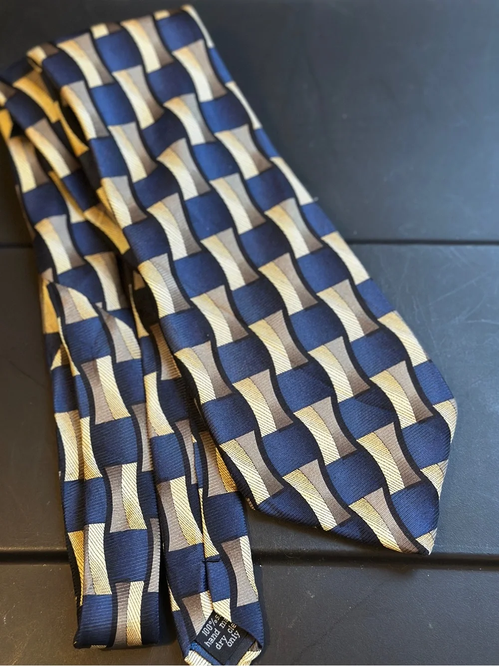 100% silk handmade Navy & Gold Geometric Men's Tie necktie menswear